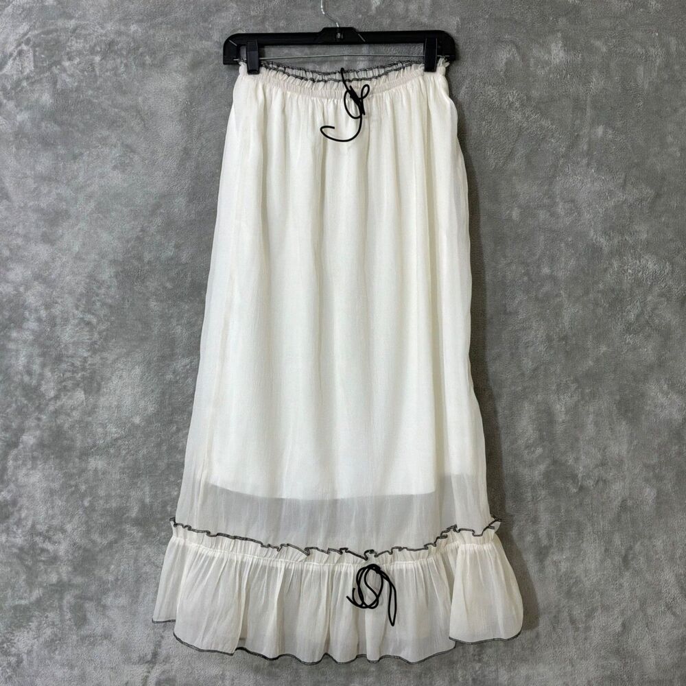 Womens Size M white Midi Skirt With Elastic Waist & Ruffle Hem Bows